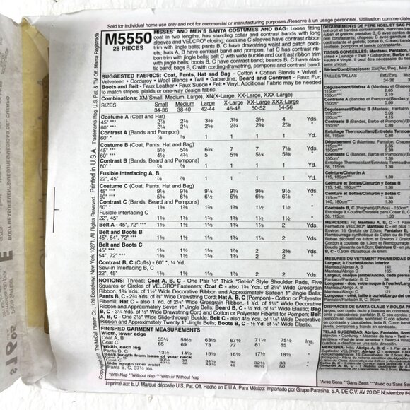 McCall’s # M5550 Mr & Ms Santa Christmas Suit Dress Sewing Pattern UnCut NWT - Picture 3 of 6